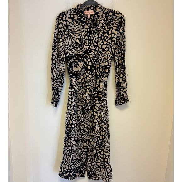 Black Label by Chico's Belted Silk Blend Midi Dress Black Cream Size Large - Picture 1 of 6